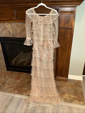 DATT designer ivory sheer mesh long sleeve maxi dress ruffles wedding XXS/ XS